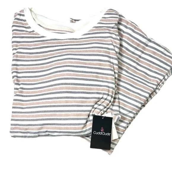 Cuddl Duds Womens Cream Gray Striped Knit Long Sleeve Pajama Sets Plus Sz 3X New