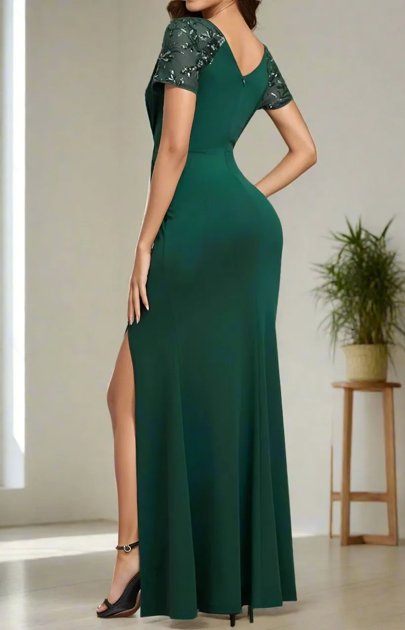 Dark Green Sheath V-Neck Short Sleeves Mother of The Bride with Slit Side