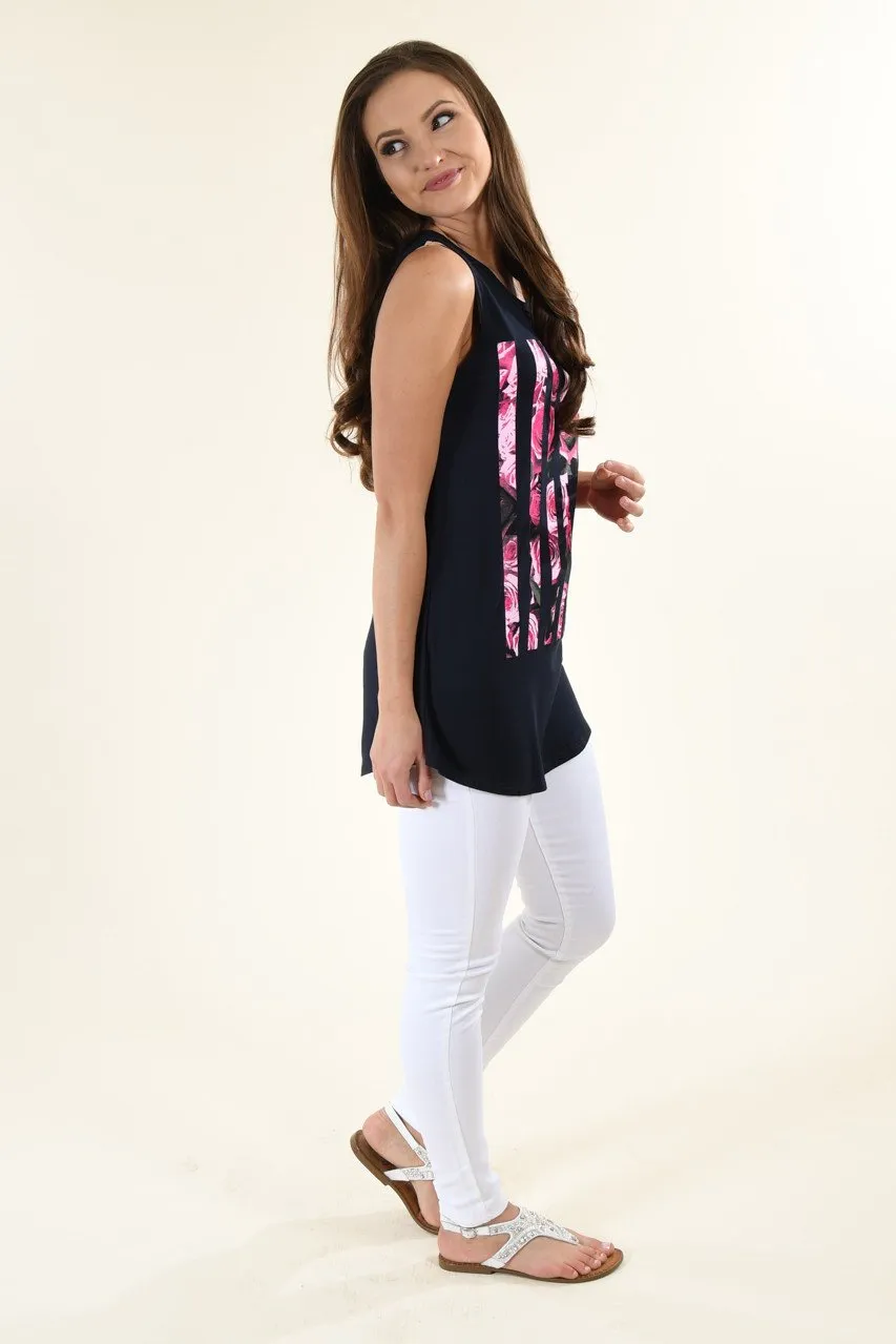 Dark Navy Floral Flag Tank Top