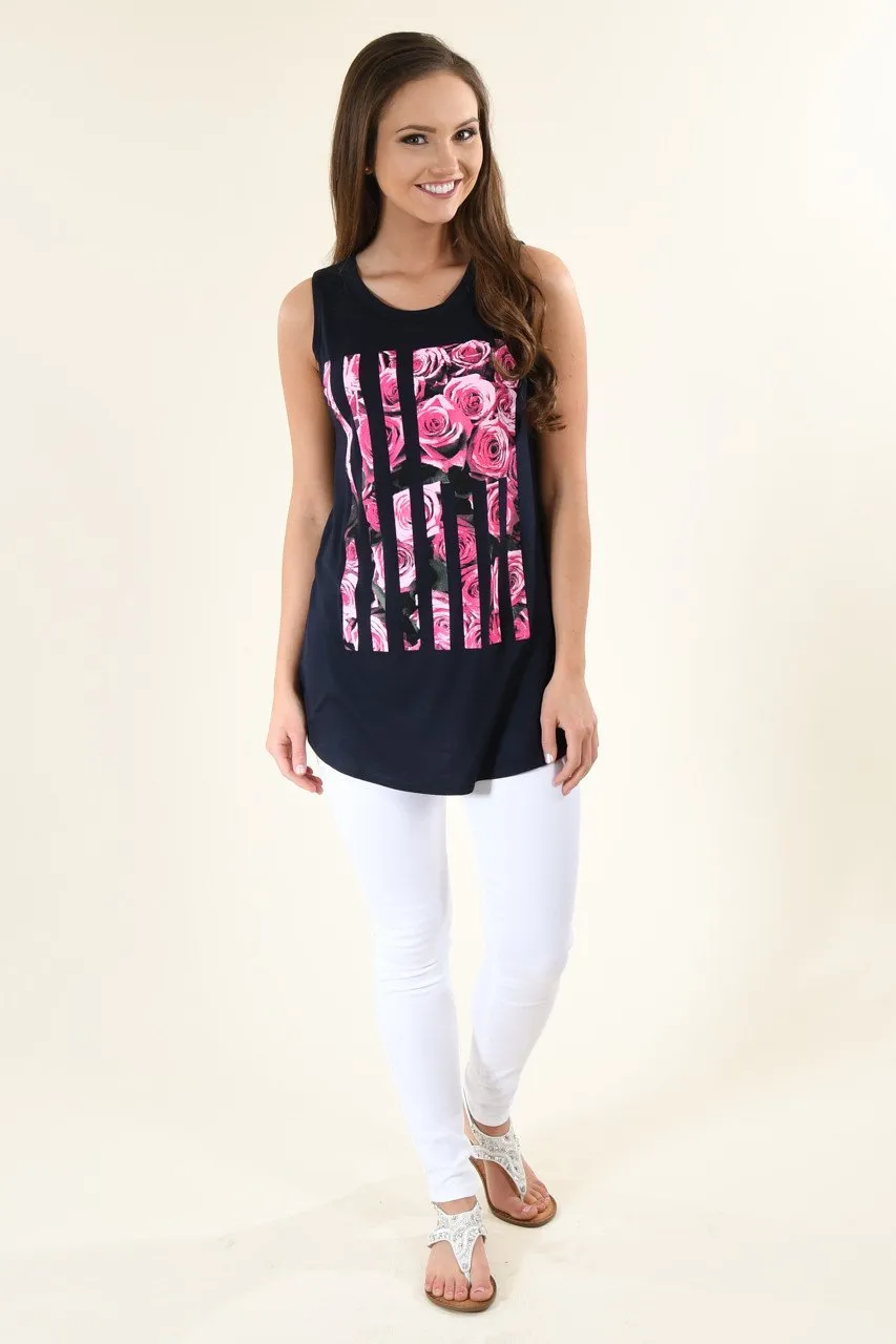 Dark Navy Floral Flag Tank Top