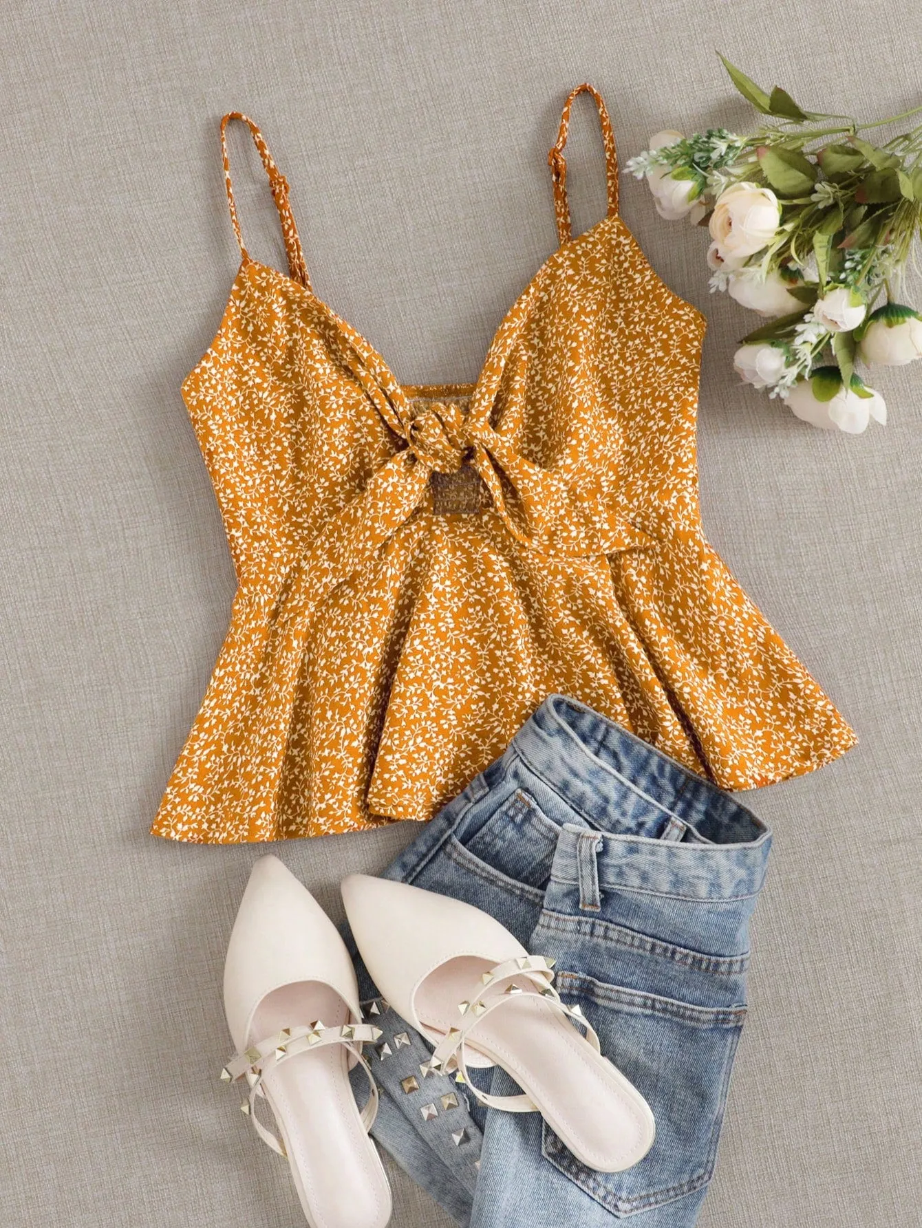 Ditsy Floral Self-Tie Cami Peplum Top