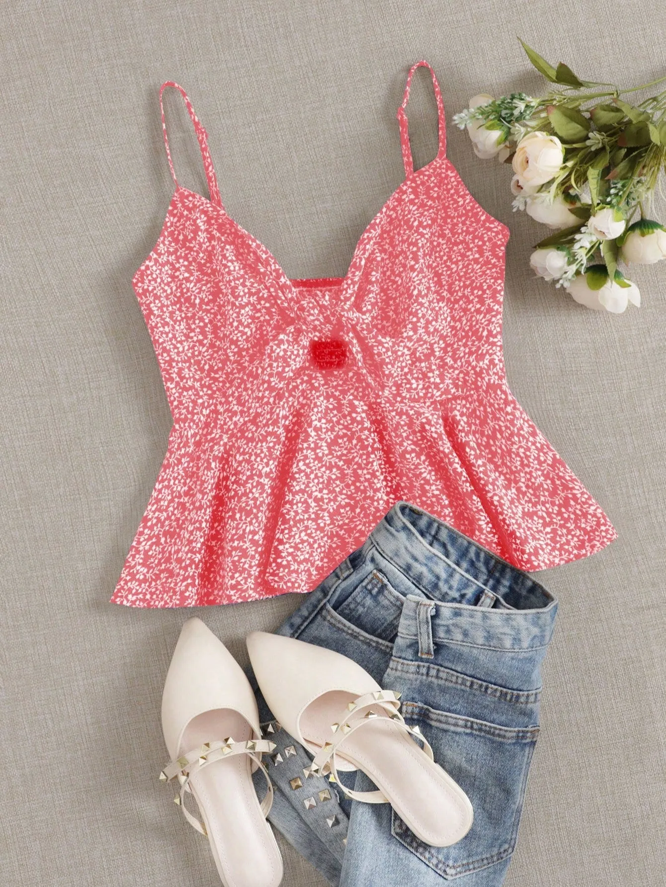Ditsy Floral Self-Tie Cami Peplum Top