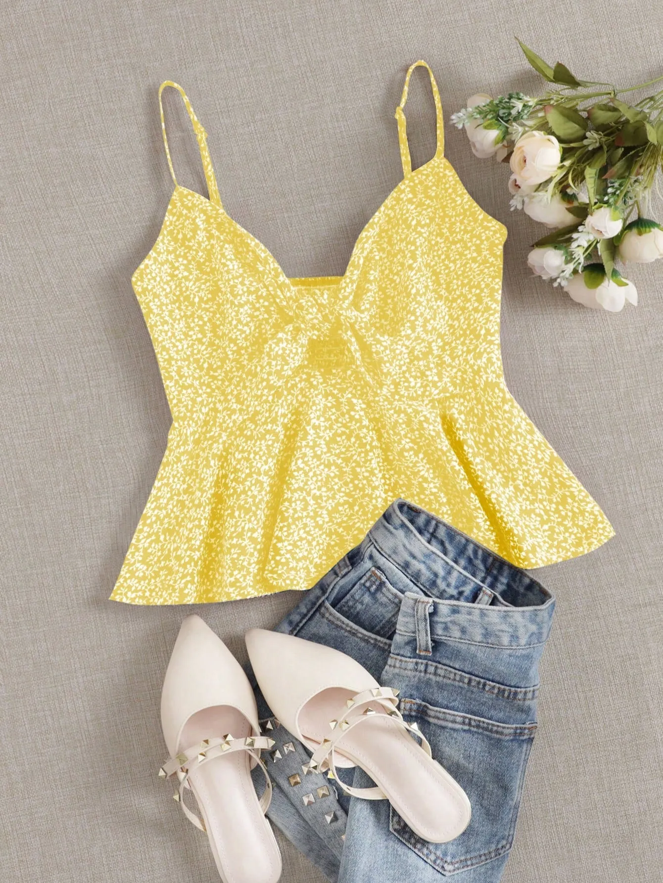 Ditsy Floral Self-Tie Cami Peplum Top