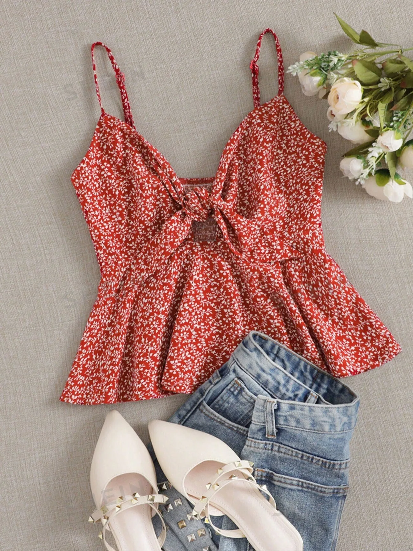 Ditsy Floral Self-Tie Cami Peplum Top