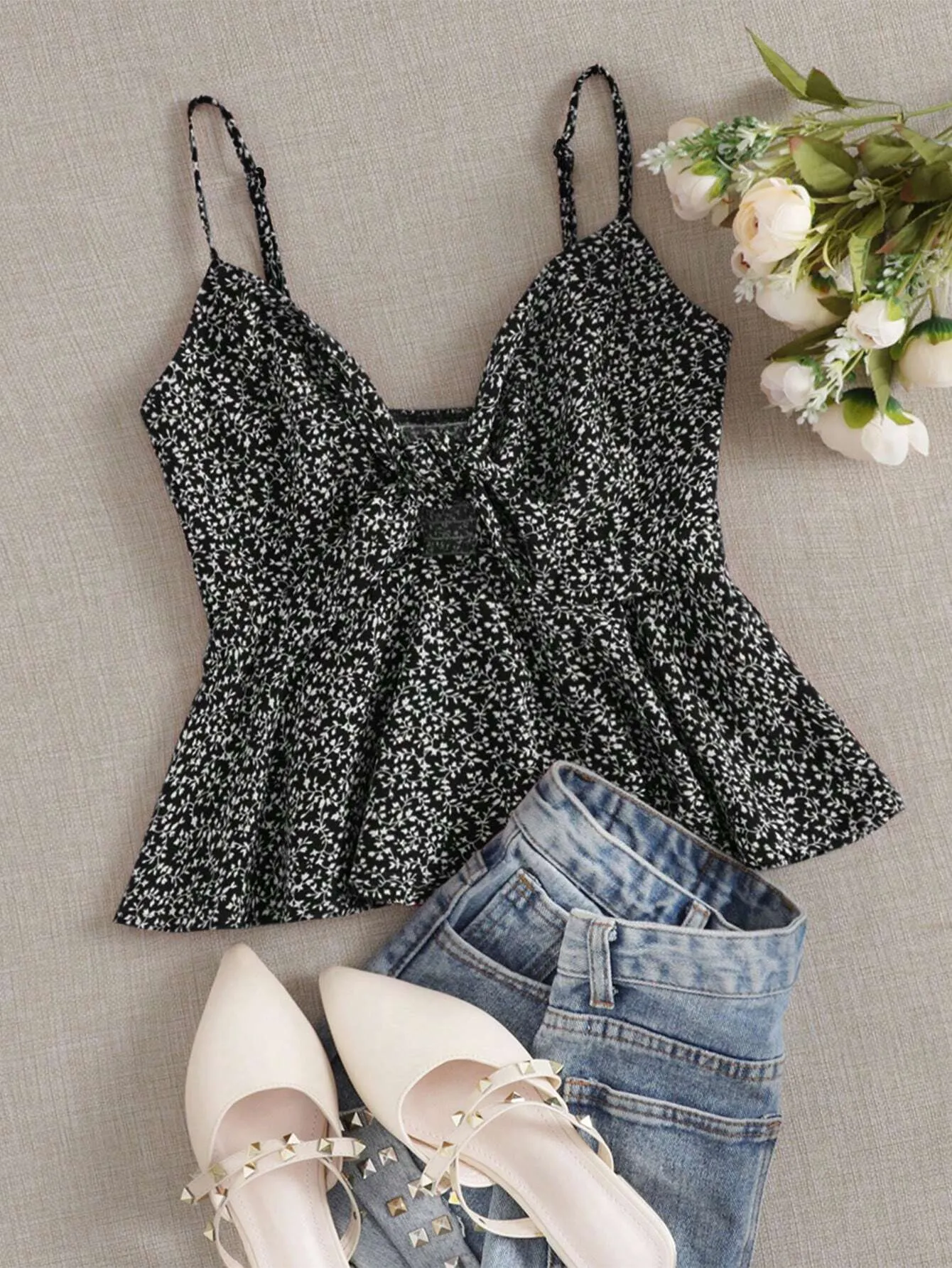 Ditsy Floral Self-Tie Cami Peplum Top