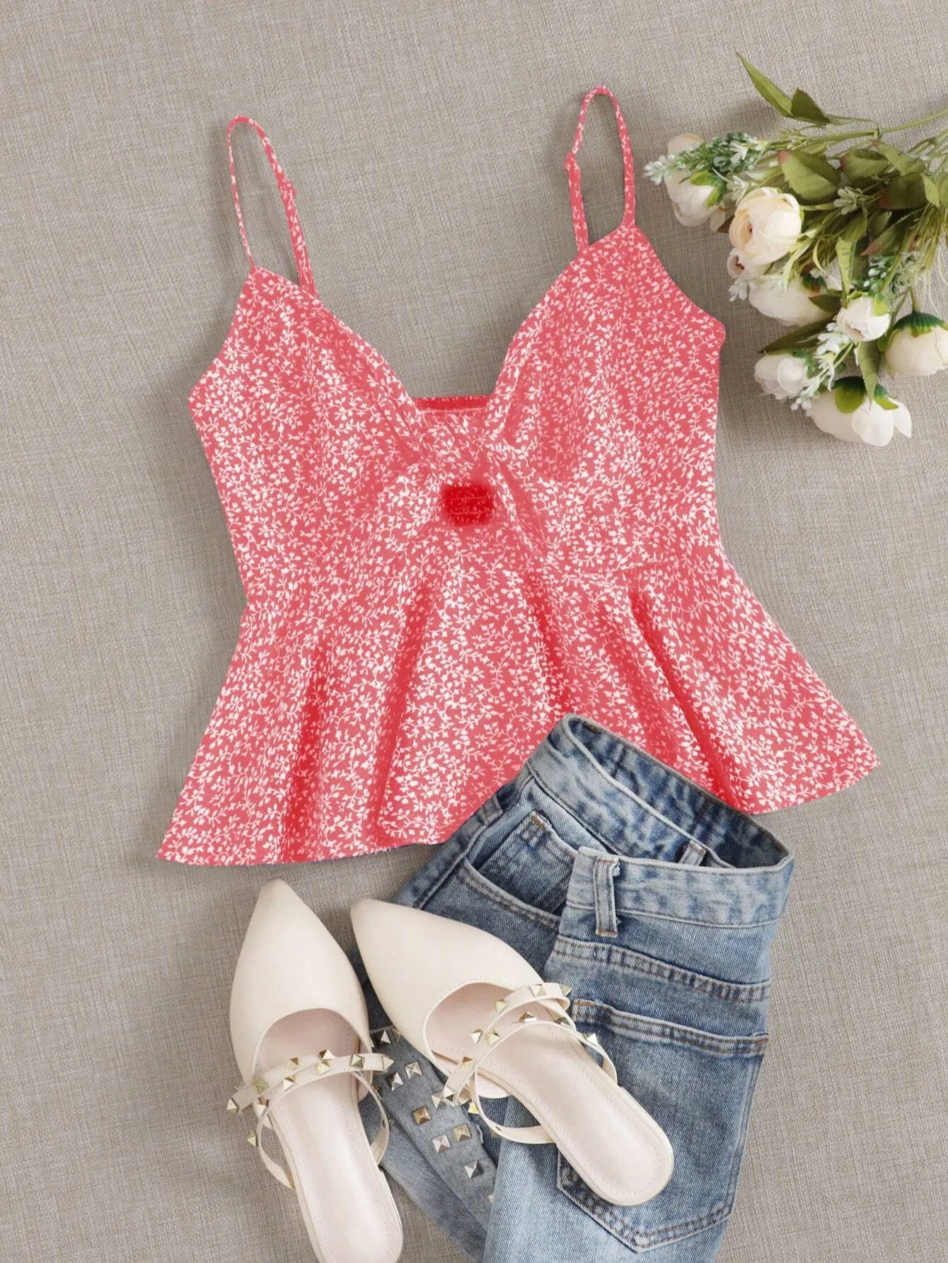 Ditsy Floral Self-Tie Cami Peplum Top