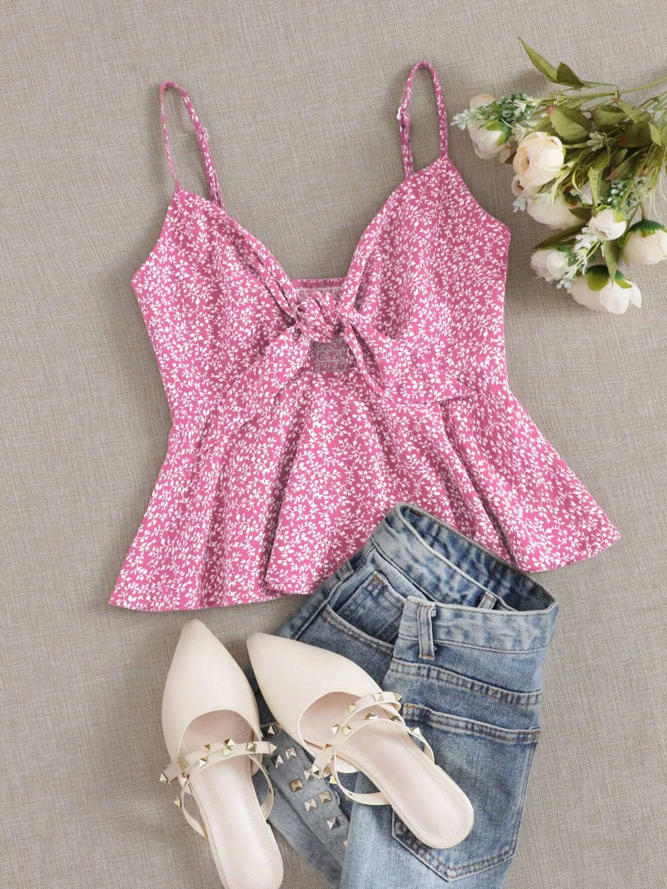 Ditsy Floral Self-Tie Cami Peplum Top