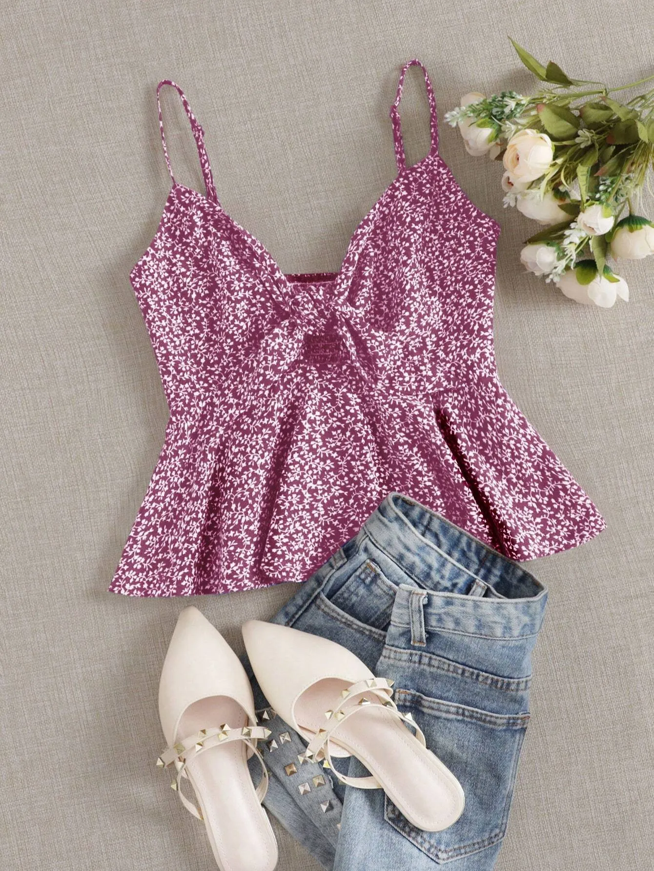 Ditsy Floral Self-Tie Cami Peplum Top