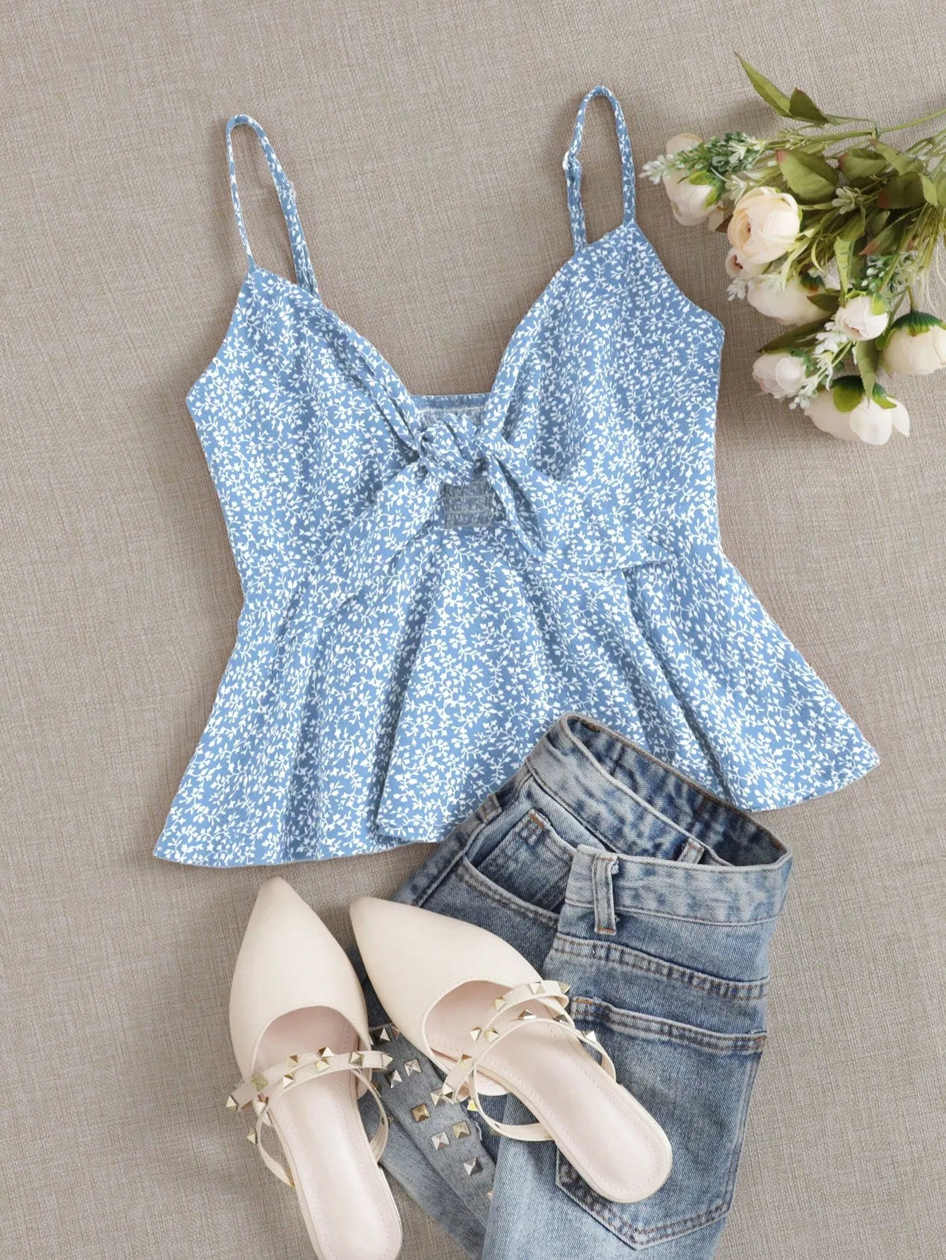 Ditsy Floral Self-Tie Cami Peplum Top