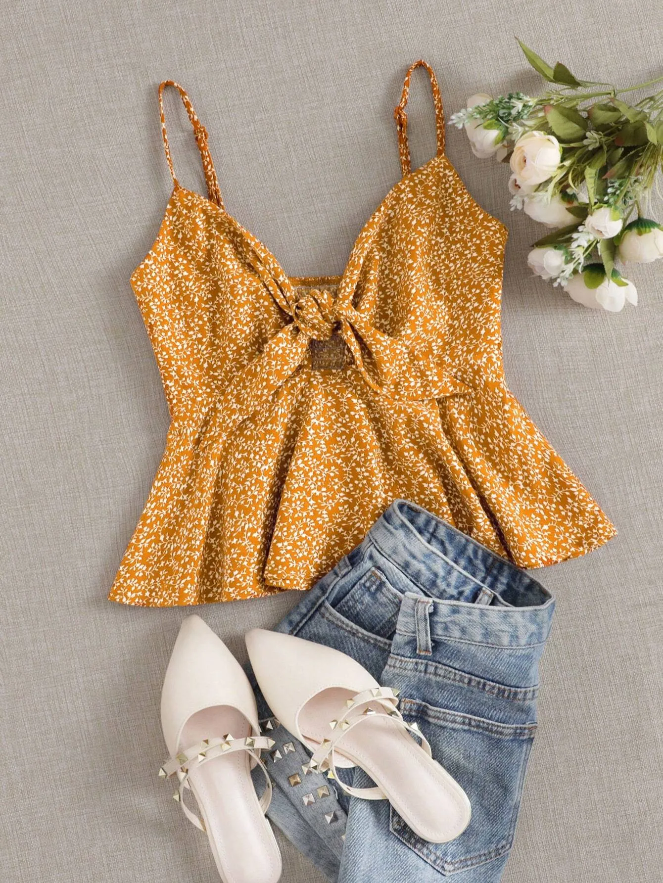 Ditsy Floral Self-Tie Cami Peplum Top