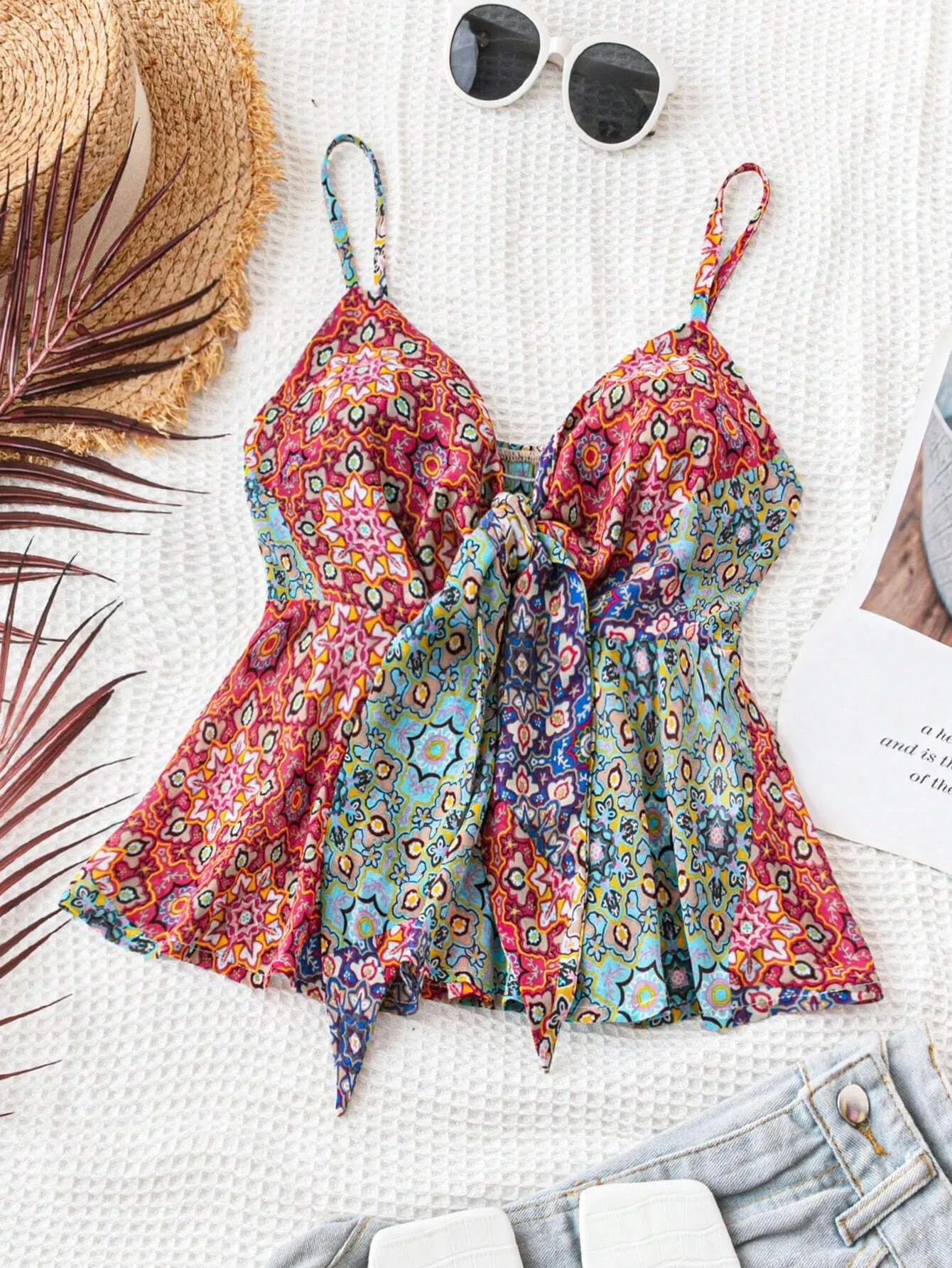 Ditsy Floral Self-Tie Cami Peplum Top