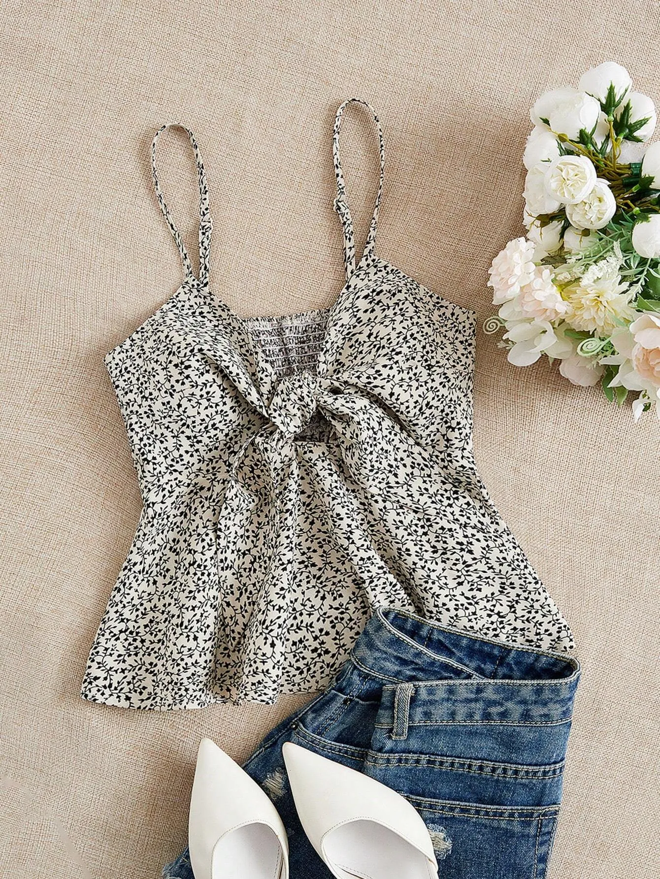 Ditsy Floral Self-Tie Cami Peplum Top