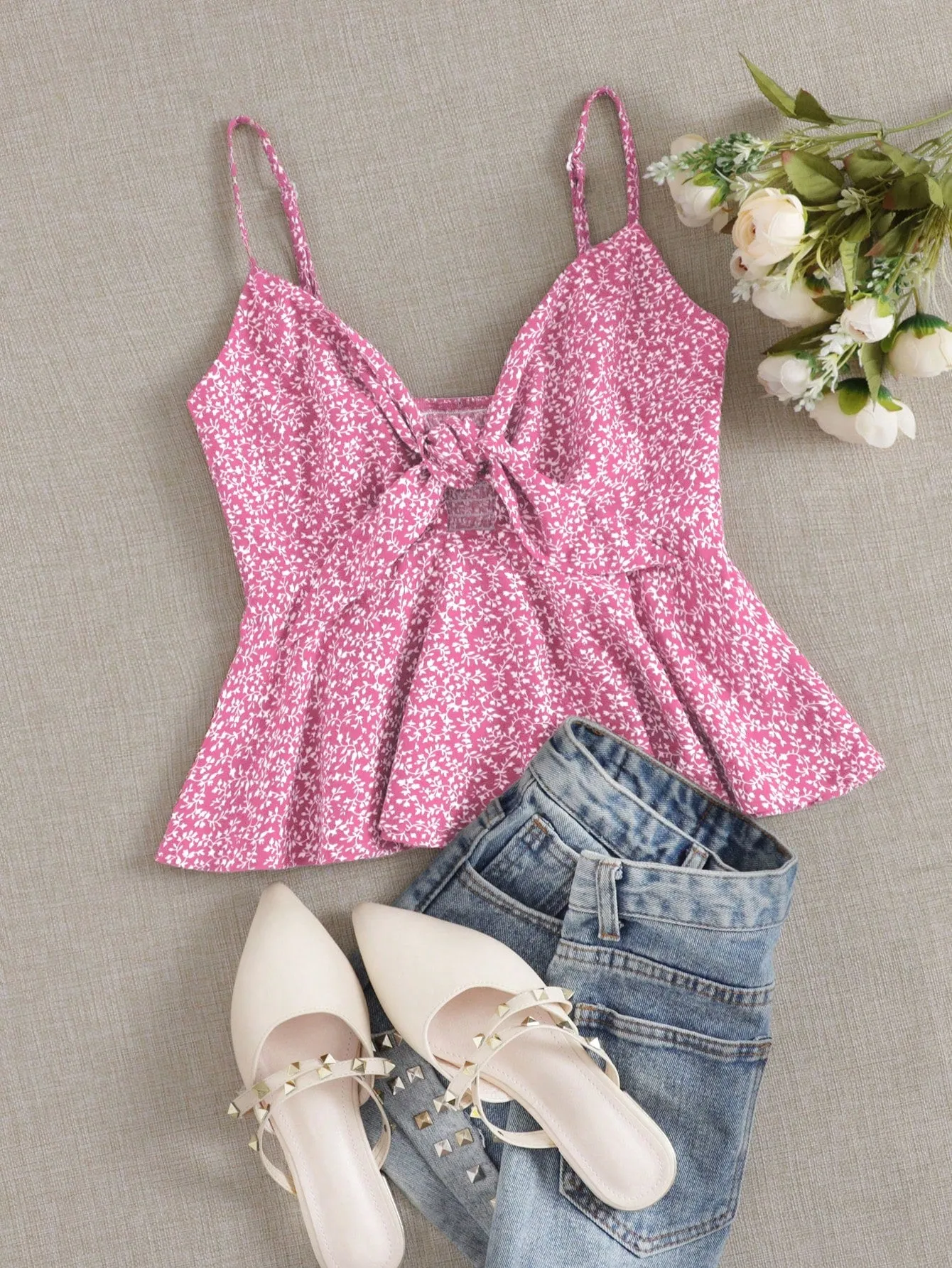 Ditsy Floral Self-Tie Cami Peplum Top