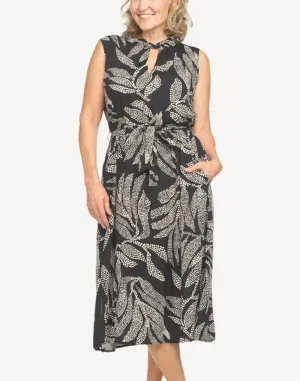 Dot Leaves Belted Midi Dress