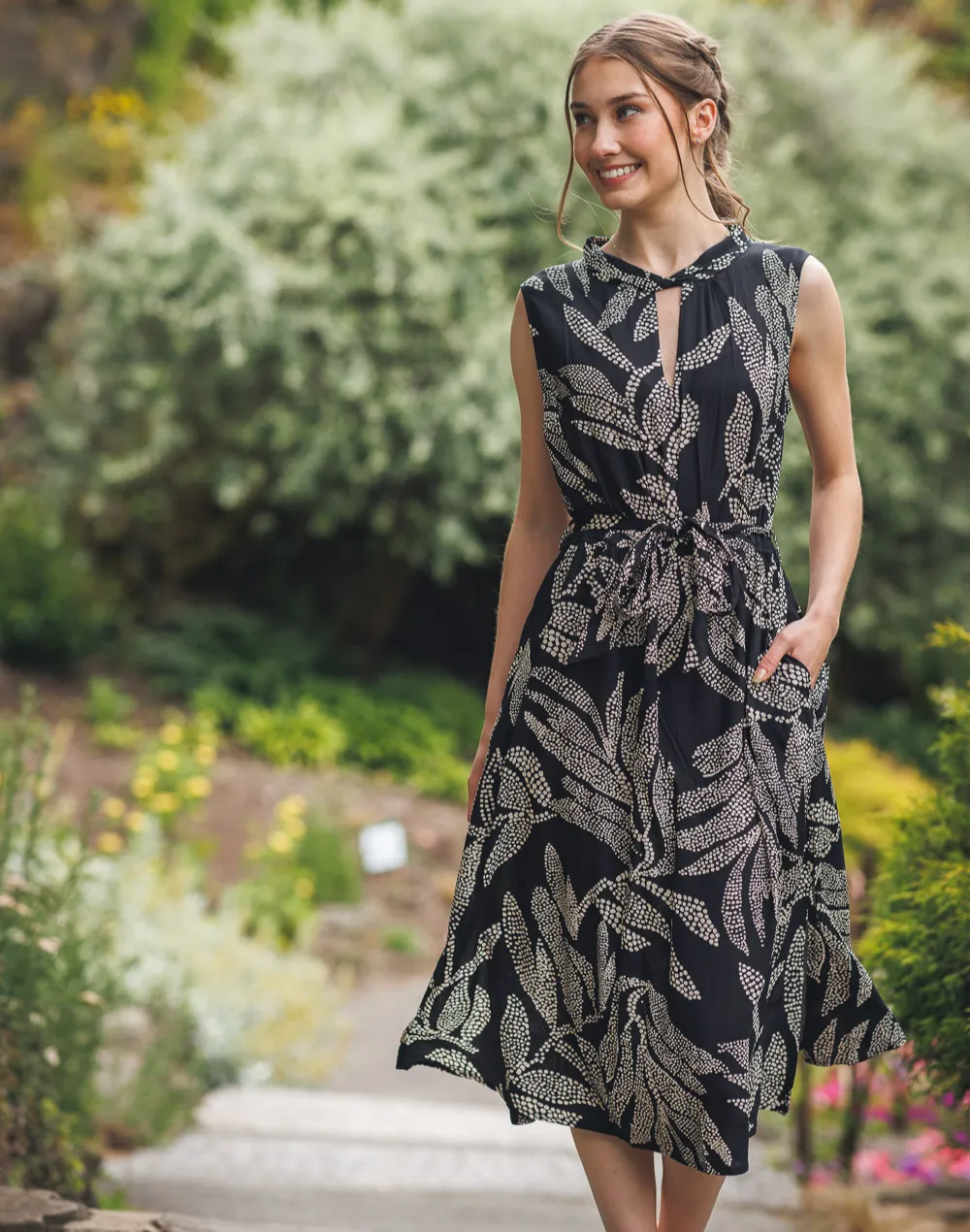Dot Leaves Belted Midi Dress