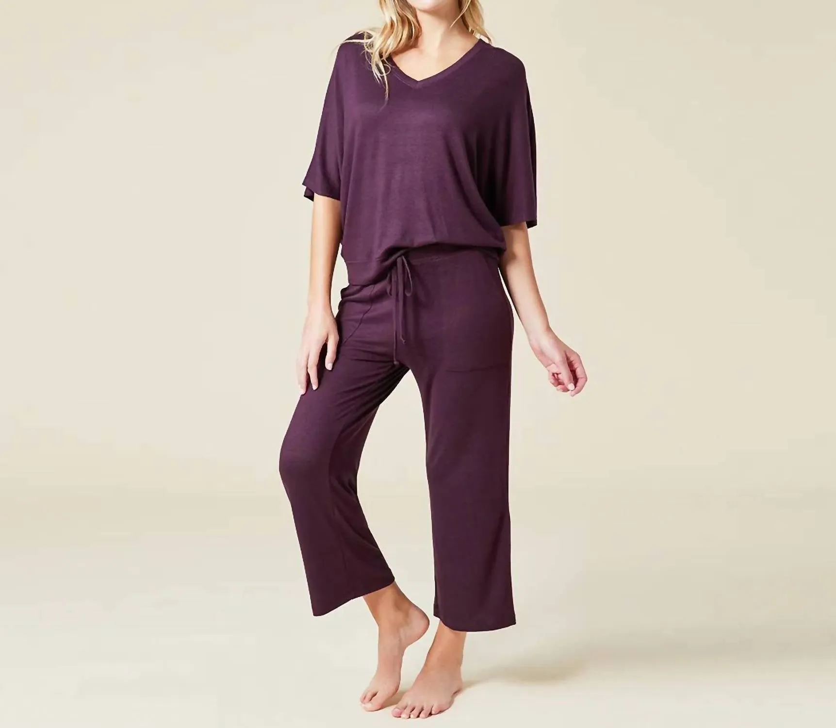 Dream Relaxed V-Neck & Capri Pants Lounge Set In Fig