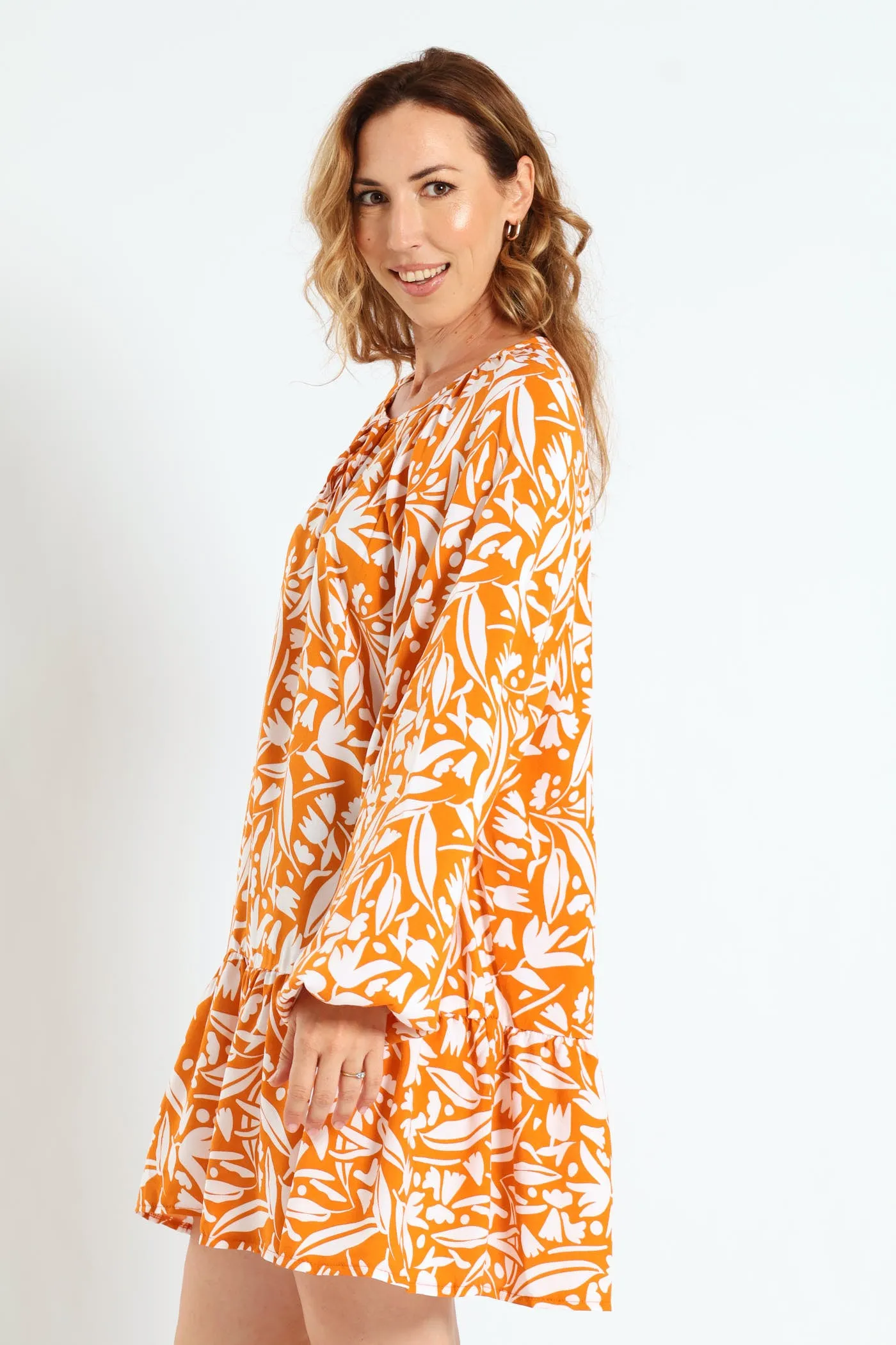 Drop Hem Shift Dress - White/Orange