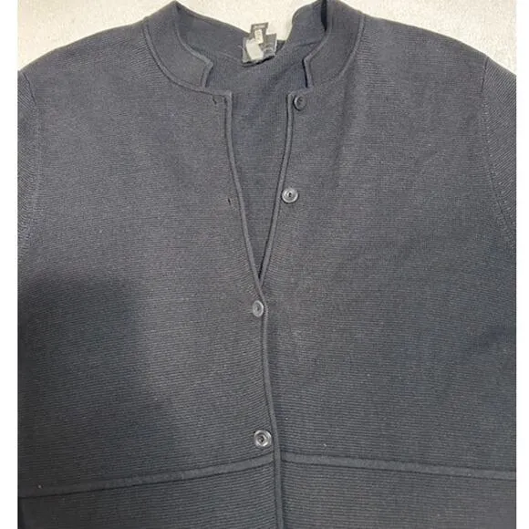 EILEEN FISHER Black Silk Blend Mandarin Collar Button Tunic Sweater Womens LARGE