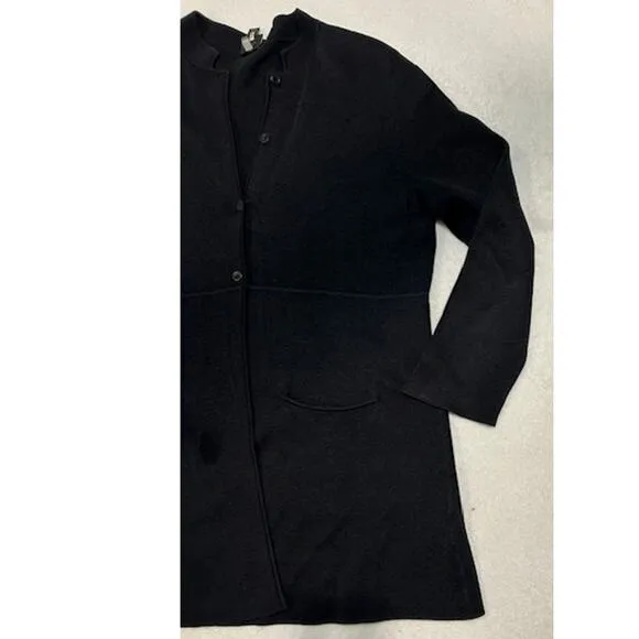 EILEEN FISHER Black Silk Blend Mandarin Collar Button Tunic Sweater Womens LARGE