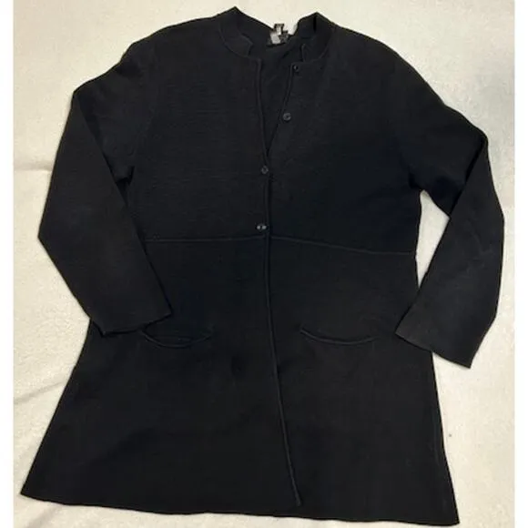 EILEEN FISHER Black Silk Blend Mandarin Collar Button Tunic Sweater Womens LARGE