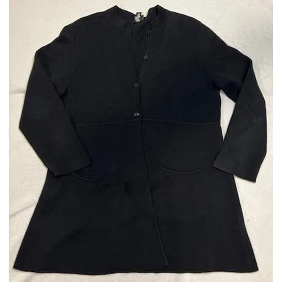 EILEEN FISHER Black Silk Blend Mandarin Collar Button Tunic Sweater Womens LARGE