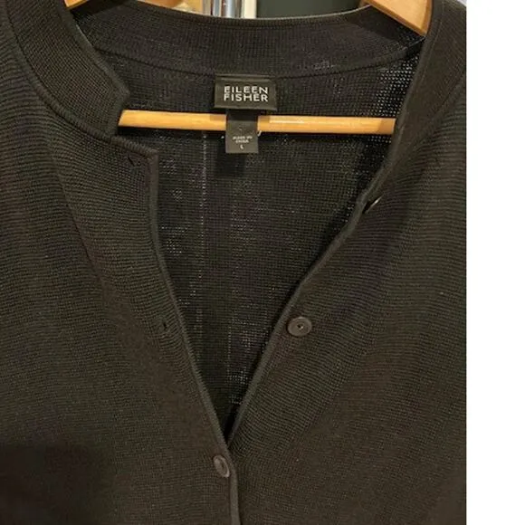 EILEEN FISHER Black Silk Blend Mandarin Collar Button Tunic Sweater Womens LARGE
