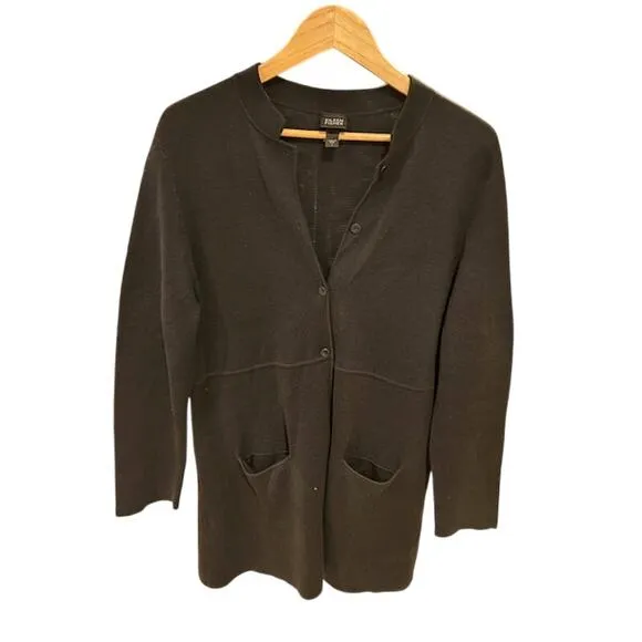 EILEEN FISHER Black Silk Blend Mandarin Collar Button Tunic Sweater Womens LARGE