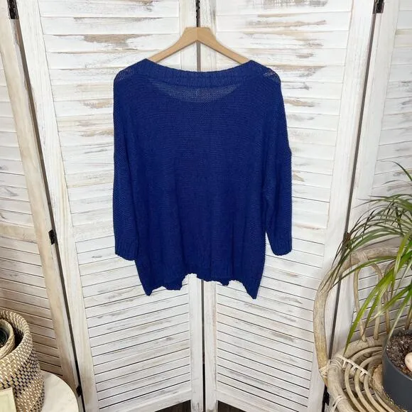 EILEEN FISHER Women's L Round Neck Open Knit Tangled Linen Cotton Sweater Navy