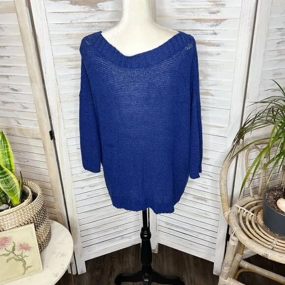 EILEEN FISHER Women's L Round Neck Open Knit Tangled Linen Cotton Sweater Navy