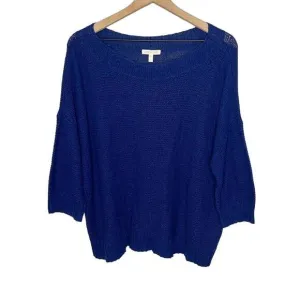 EILEEN FISHER Women's L Round Neck Open Knit Tangled Linen Cotton Sweater Navy