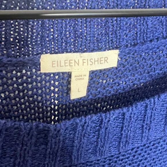 EILEEN FISHER Women's L Round Neck Open Knit Tangled Linen Cotton Sweater Navy