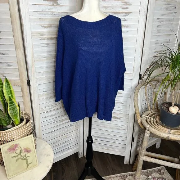 EILEEN FISHER Women's L Round Neck Open Knit Tangled Linen Cotton Sweater Navy