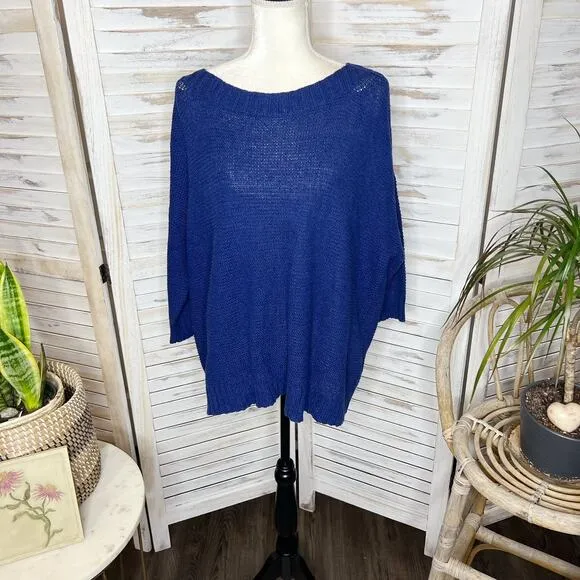 EILEEN FISHER Women's L Round Neck Open Knit Tangled Linen Cotton Sweater Navy