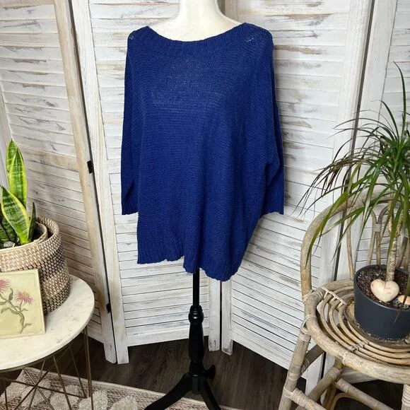 EILEEN FISHER Women's L Round Neck Open Knit Tangled Linen Cotton Sweater Navy