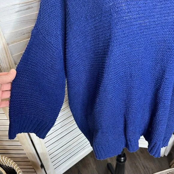 EILEEN FISHER Women's L Round Neck Open Knit Tangled Linen Cotton Sweater Navy