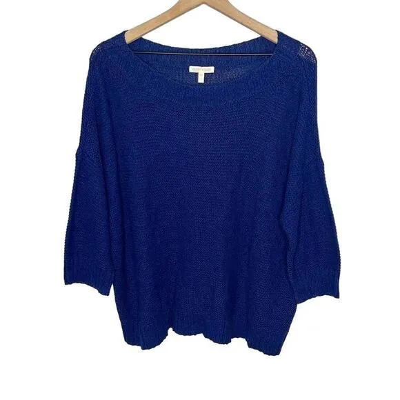 EILEEN FISHER Women's L Round Neck Open Knit Tangled Linen Cotton Sweater Navy