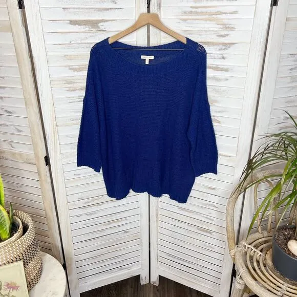 EILEEN FISHER Women's L Round Neck Open Knit Tangled Linen Cotton Sweater Navy