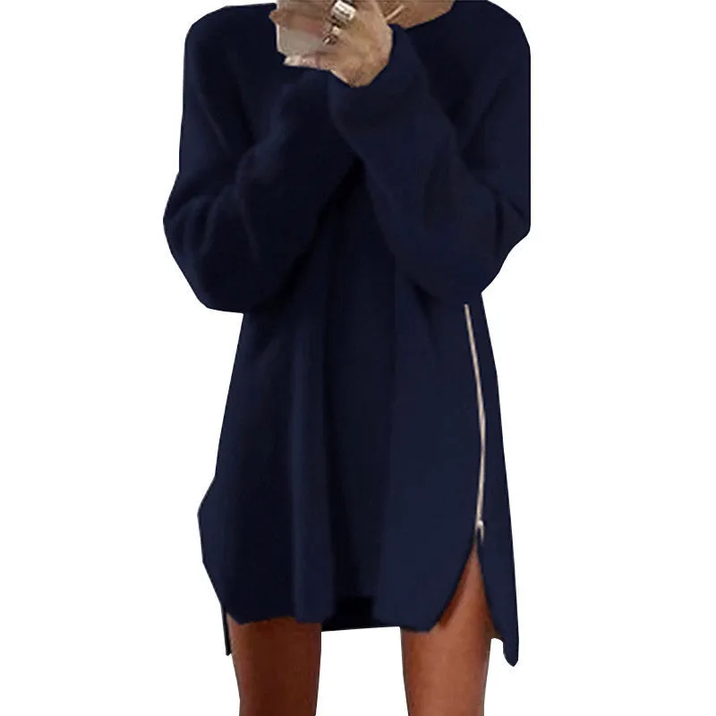 Elegant Long Sleeve Sweater Dress Women Casual Zipper Kintted Loose Winter Tunic Dresses