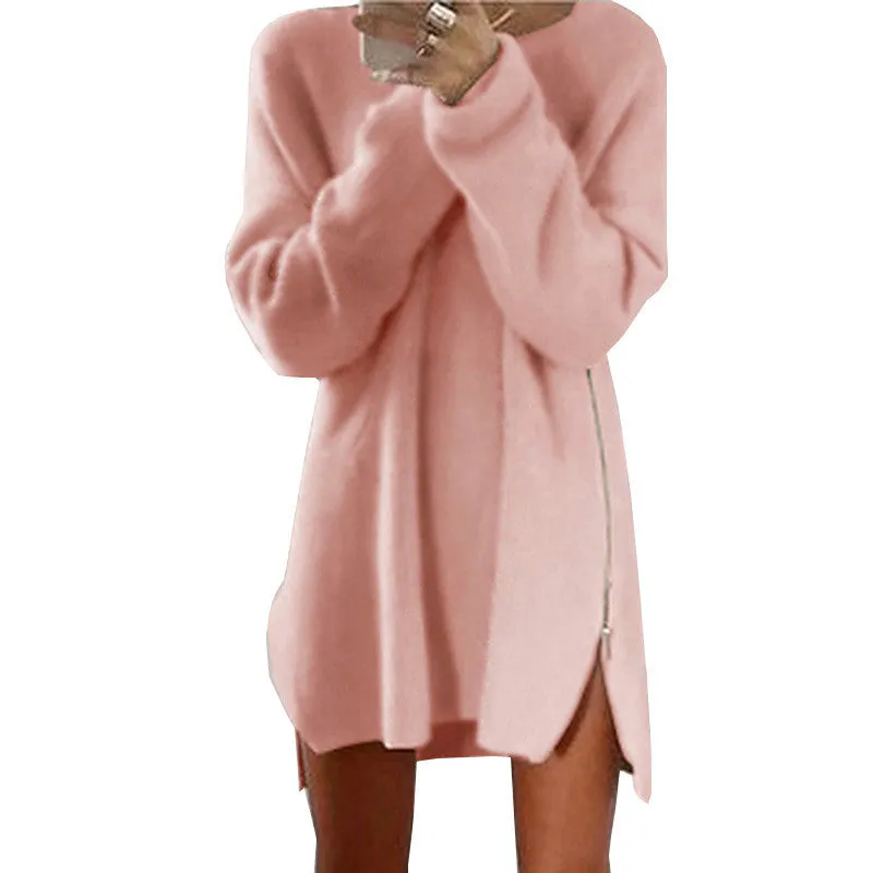 Elegant Long Sleeve Sweater Dress Women Casual Zipper Kintted Loose Winter Tunic Dresses