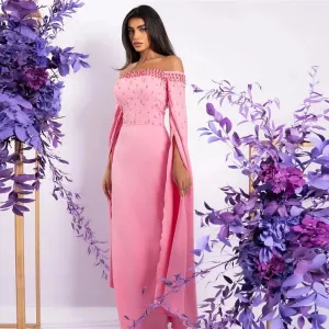 Elegant Pink Saudi Arabic Prom Dresses Off The Shoulder Long Cape Sleeves Formal Evening Dresses Sequineds Party Gowns