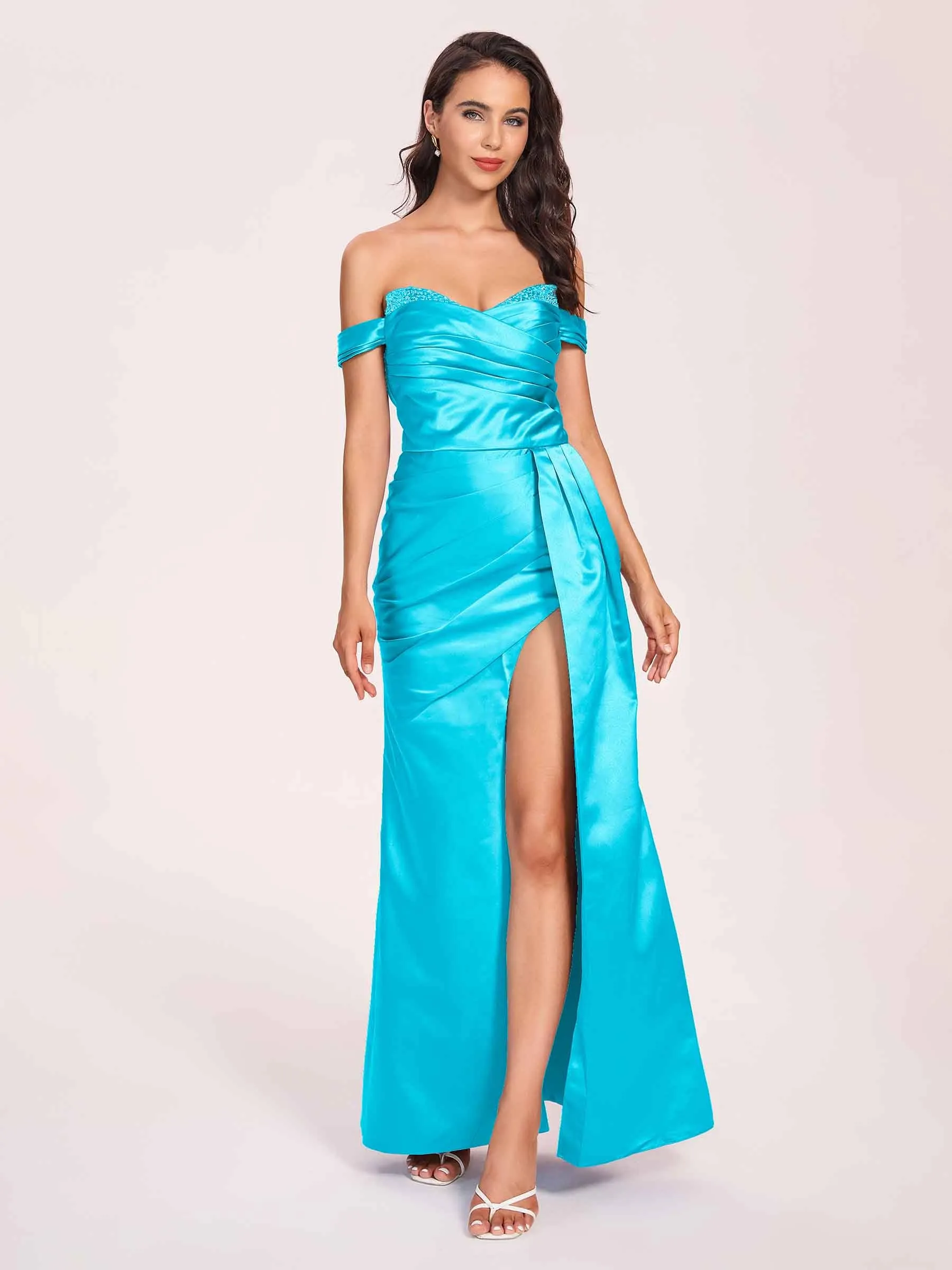 Elegant Satin Off Shoulder Prom Dresses Side-slit Sweetheart Floor Length Sheath