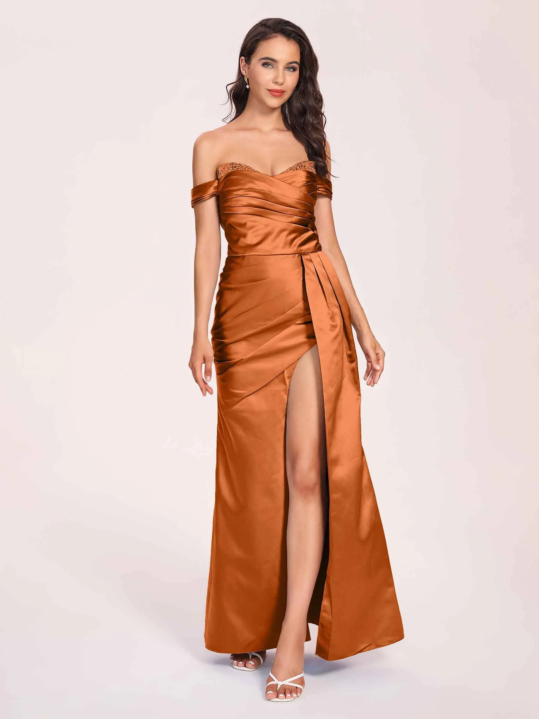 Elegant Satin Off Shoulder Prom Dresses Side-slit Sweetheart Floor Length Sheath