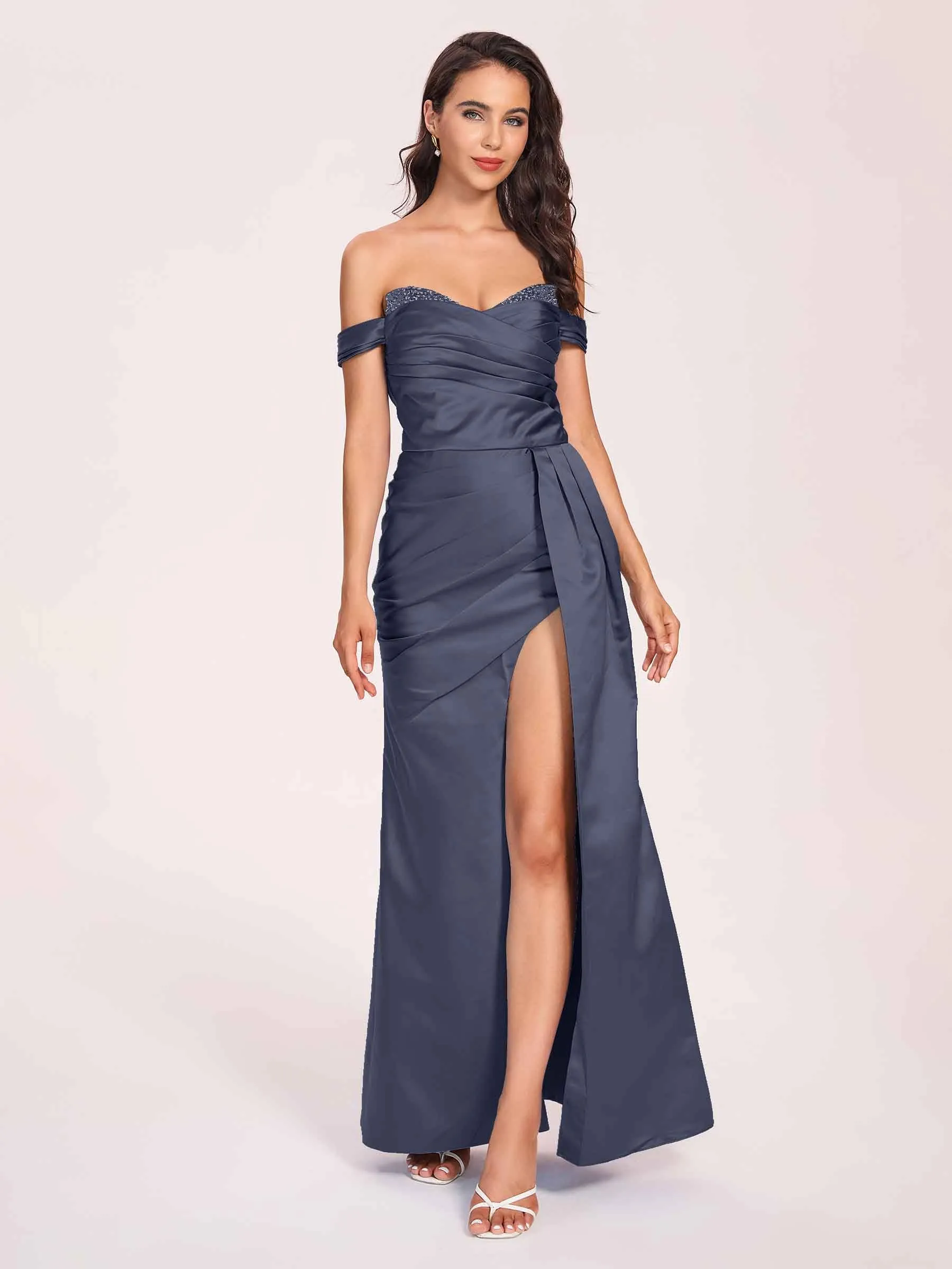Elegant Satin Off Shoulder Prom Dresses Side-slit Sweetheart Floor Length Sheath
