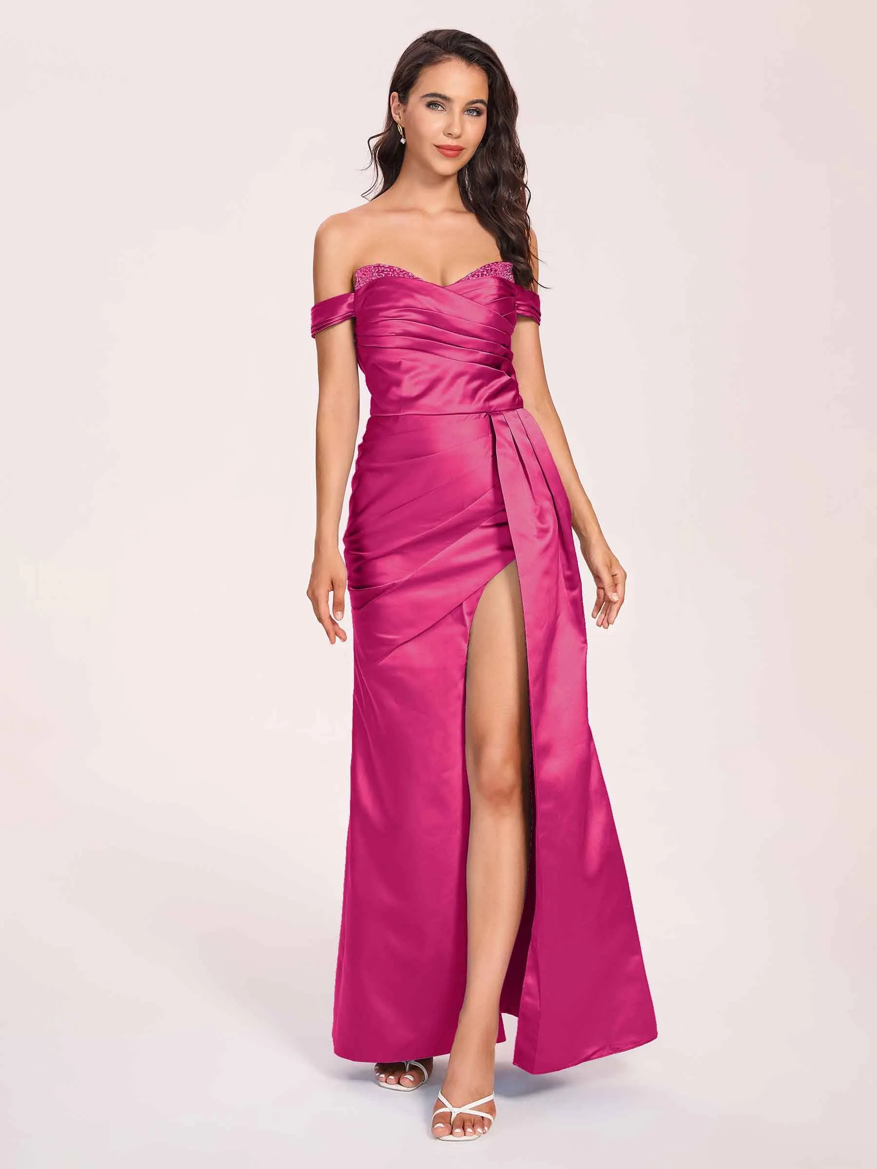 Elegant Satin Off Shoulder Prom Dresses Side-slit Sweetheart Floor Length Sheath