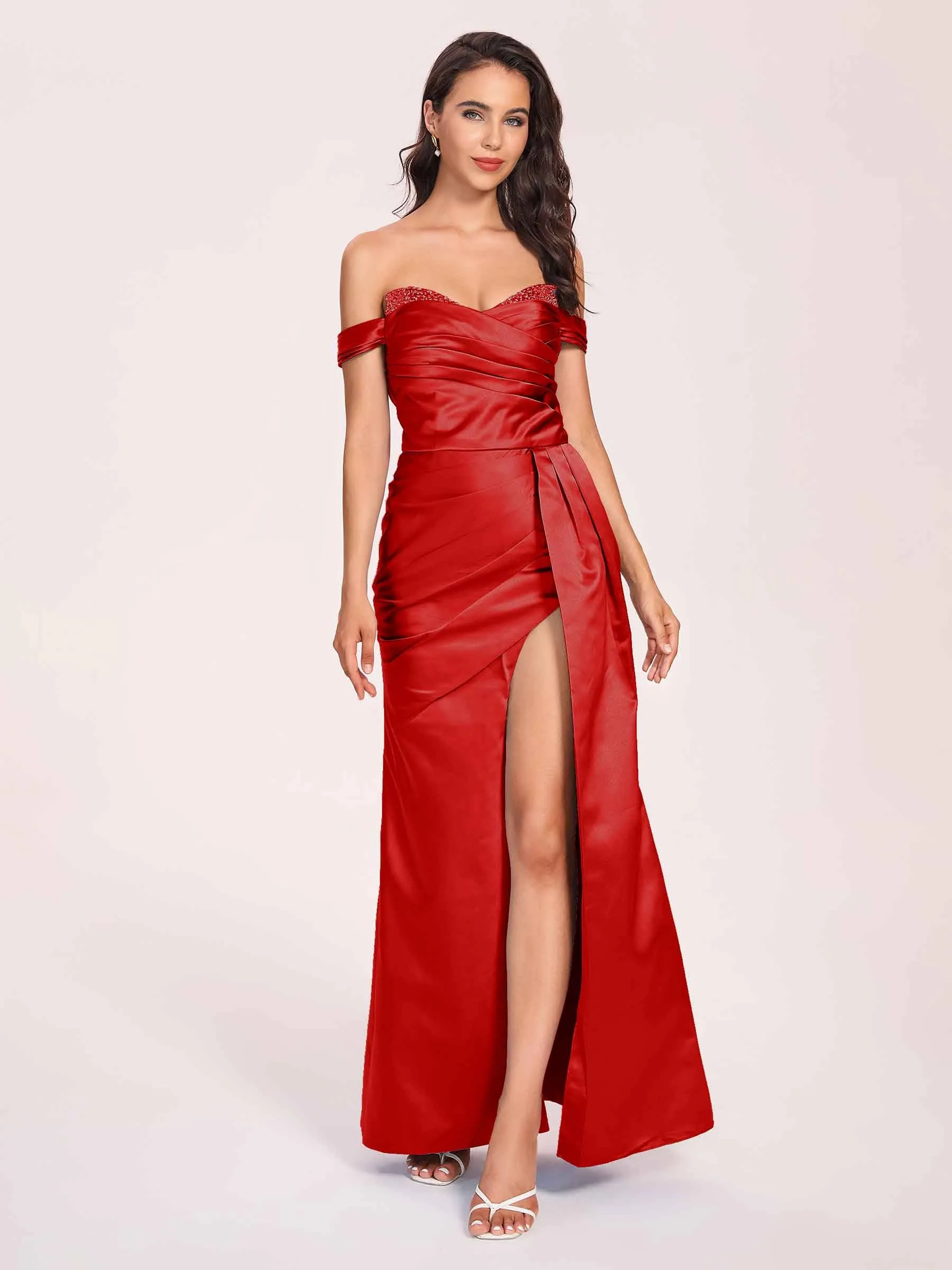 Elegant Satin Off Shoulder Prom Dresses Side-slit Sweetheart Floor Length Sheath