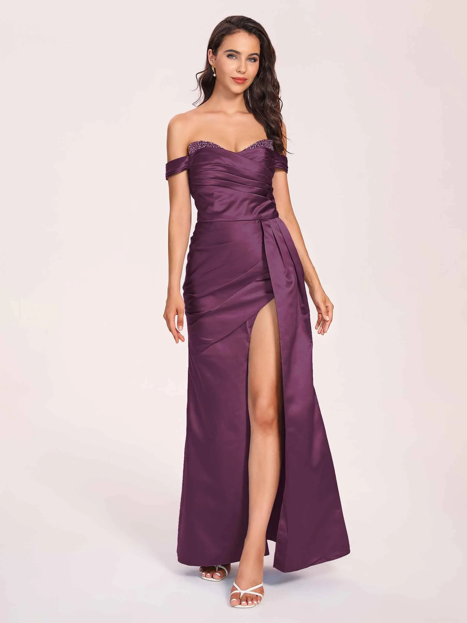 Elegant Satin Off Shoulder Prom Dresses Side-slit Sweetheart Floor Length Sheath