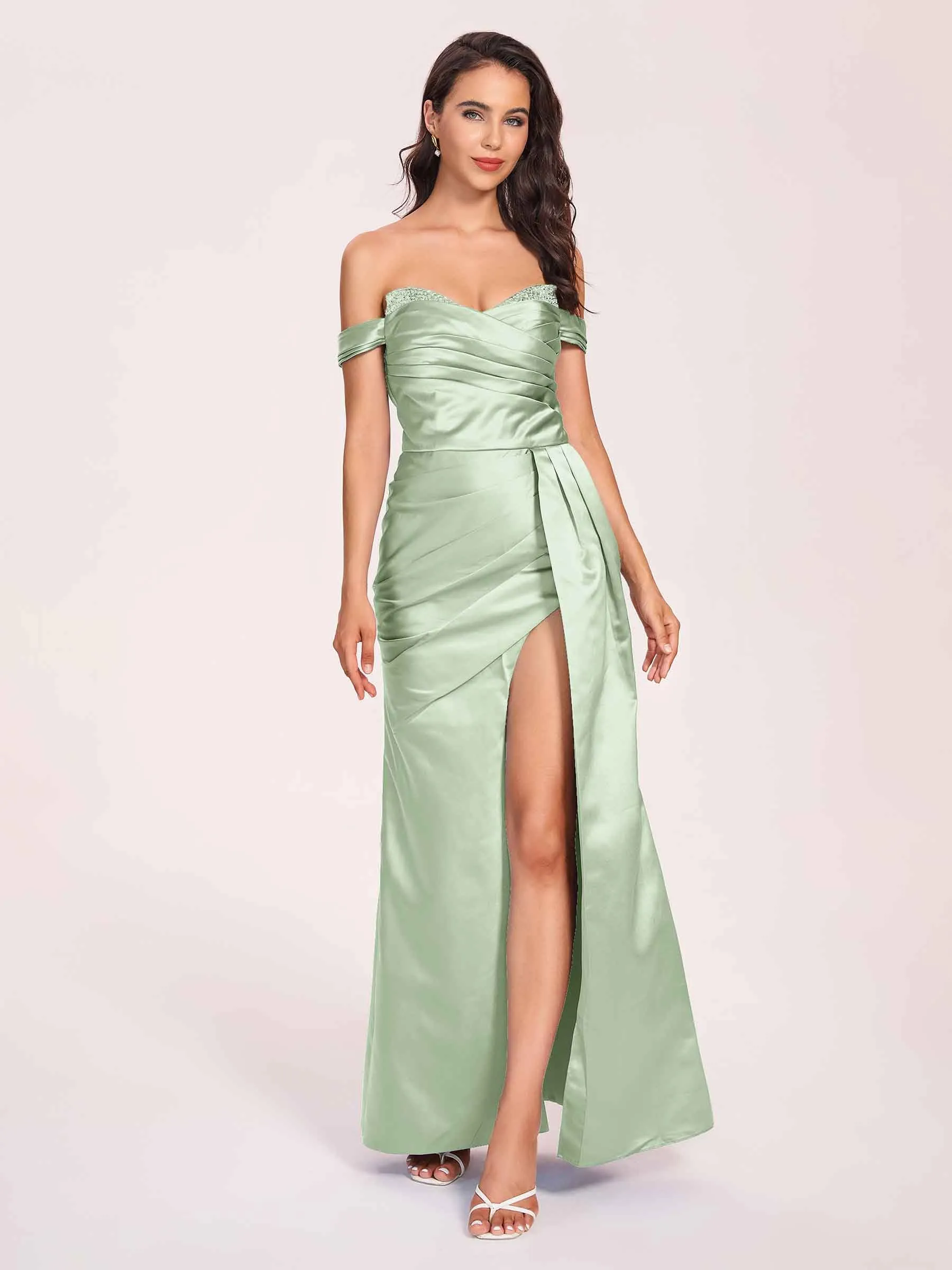 Elegant Satin Off Shoulder Prom Dresses Side-slit Sweetheart Floor Length Sheath
