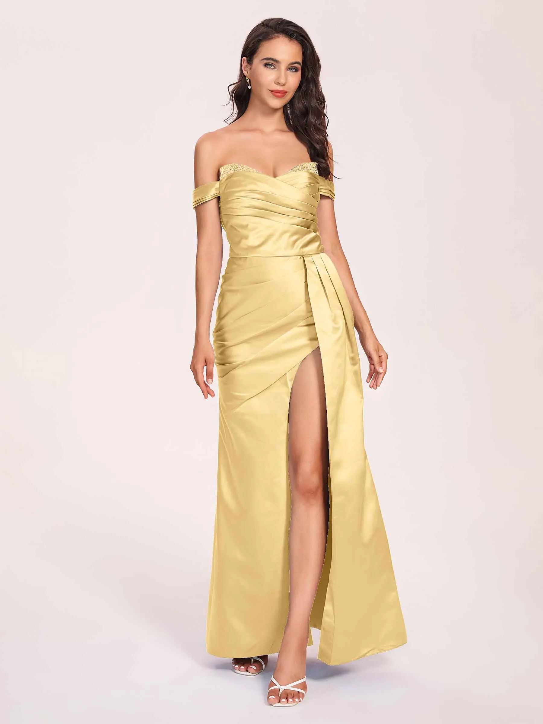 Elegant Satin Off Shoulder Prom Dresses Side-slit Sweetheart Floor Length Sheath