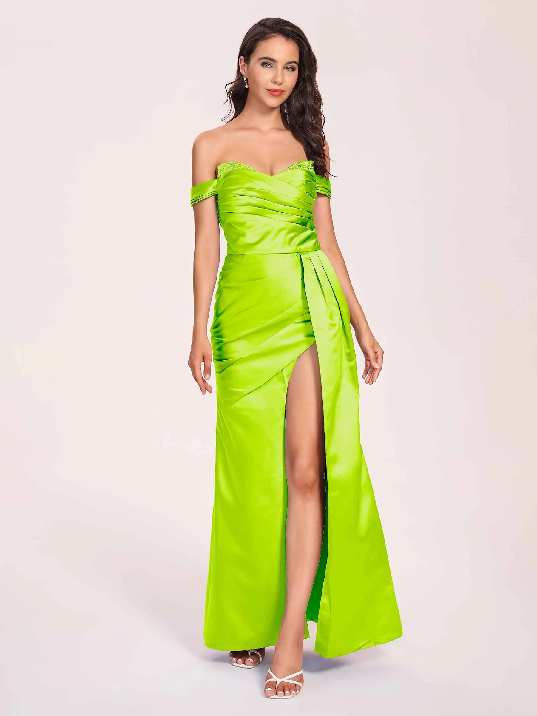 Elegant Satin Off Shoulder Prom Dresses Side-slit Sweetheart Floor Length Sheath