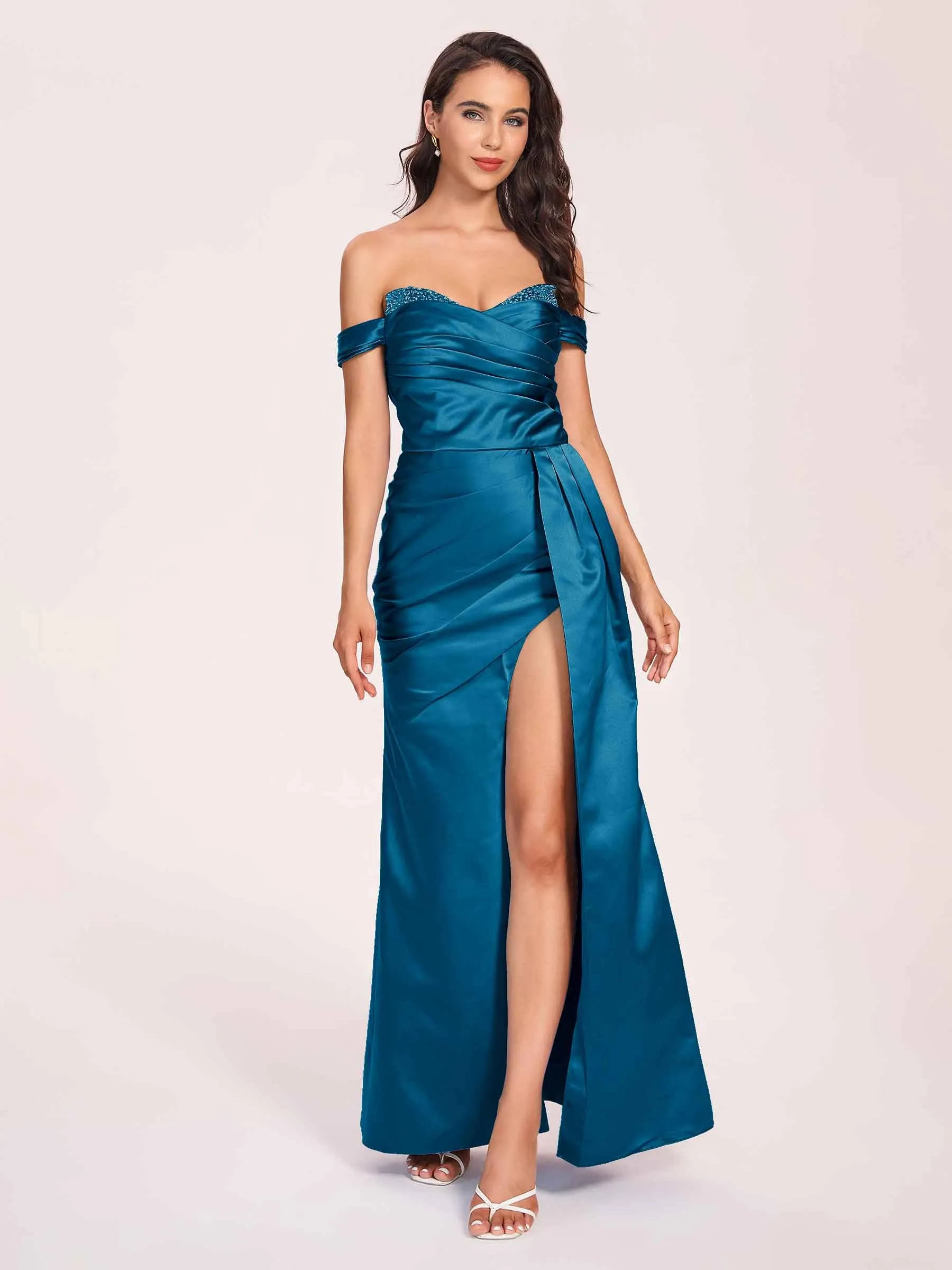 Elegant Satin Off Shoulder Prom Dresses Side-slit Sweetheart Floor Length Sheath